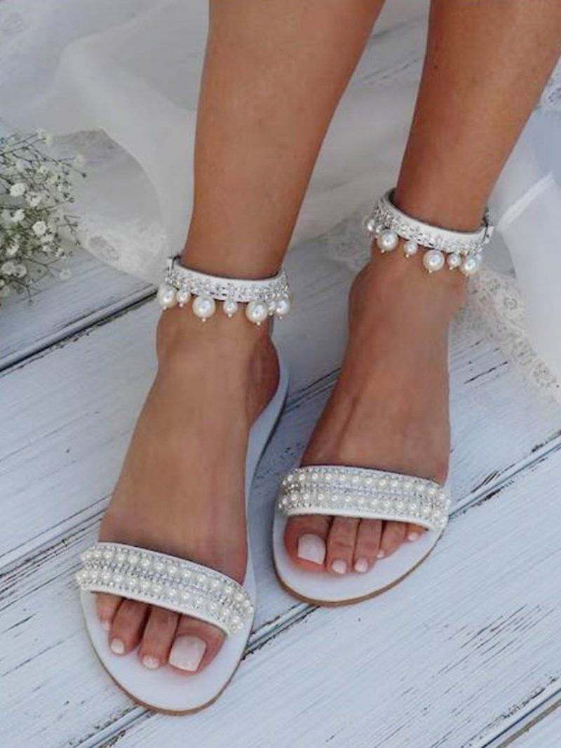 Boho-hochzeitsschuhe Für Damen Pu-leder Runde Zehenpartie Perlen Braut-flats - Weiß