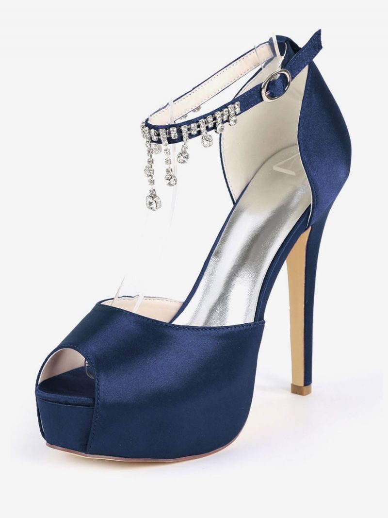 Brautpumps Mit Knöchelriemen Und Peep-toe-stiletto-absatz Für Damen Aus Satin - Tiefblau