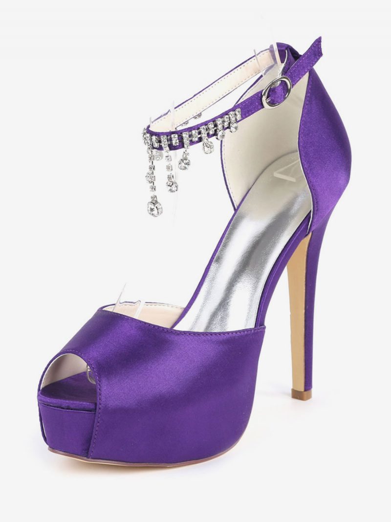 Brautpumps Mit Knöchelriemen Und Peep-toe-stiletto-absatz Für Damen Aus Satin - Tiefviolett