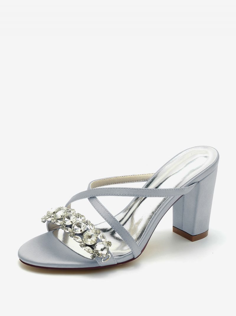 Brautsandalen Für Damen Tiefblau Satin Schick Offene Zehenpartie Strasssteine Hochzeitssandalen - Silber