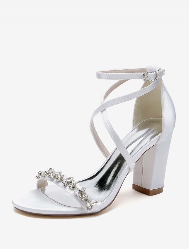 Brautsandalen Für Damen Weißer Satin Sexy Offene Zehenpartie Strasssteine Hochzeitssandalen