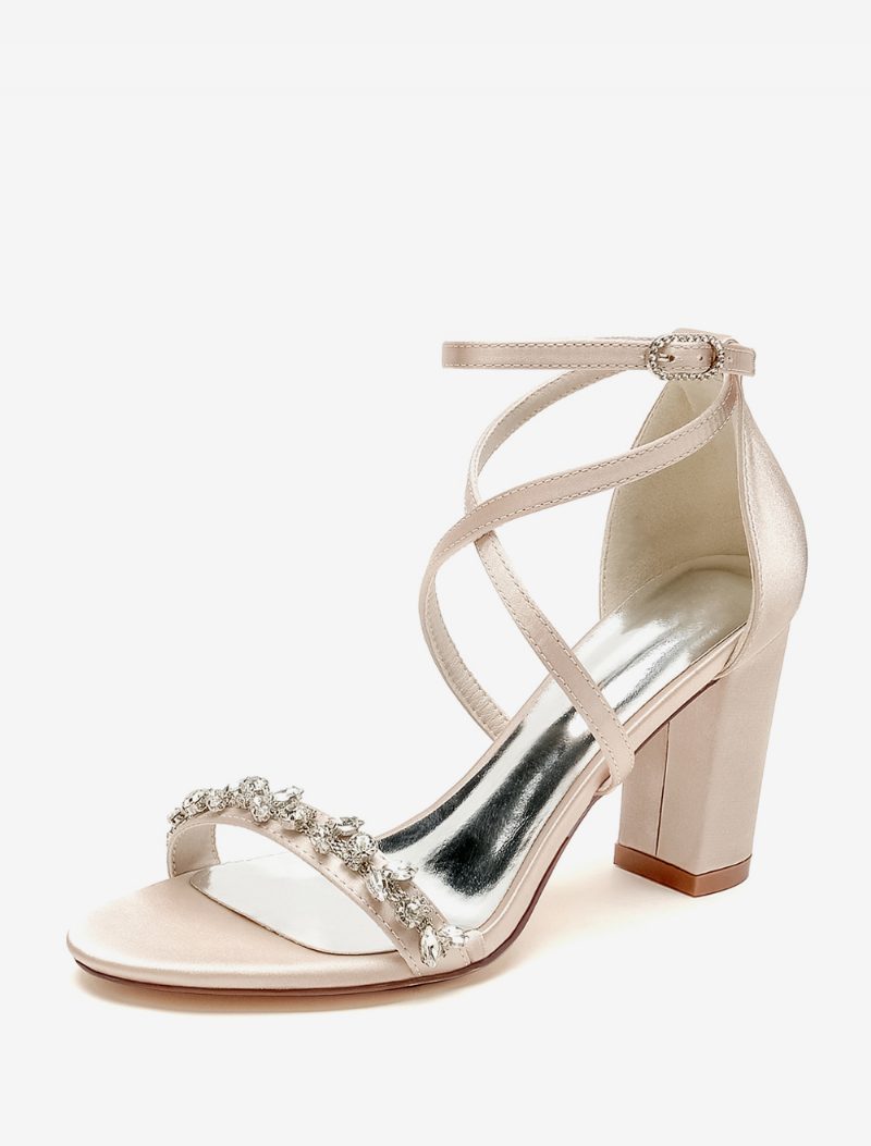 Brautsandalen Für Damen Weißer Satin Sexy Offene Zehenpartie Strasssteine Hochzeitssandalen - Champagner