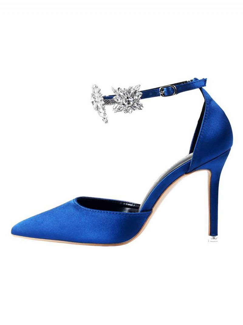 Damen-abendpumps Mit Stiletto-absatz Und Knöchelriemen Aus Schwarzem Satin - Blau