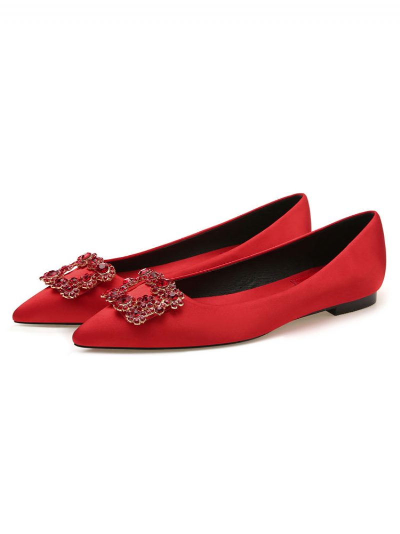 Damen-abendschuhe Schwarzer Satin Spitze Zehenpartie Metalldetails Strass-abend-flats Party-schuhe - Rot