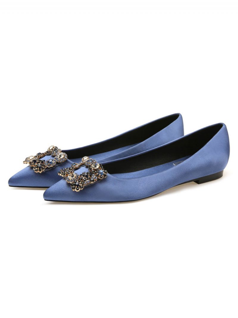 Damen-abendschuhe Schwarzer Satin Spitze Zehenpartie Metalldetails Strass-abend-flats Party-schuhe - Blau