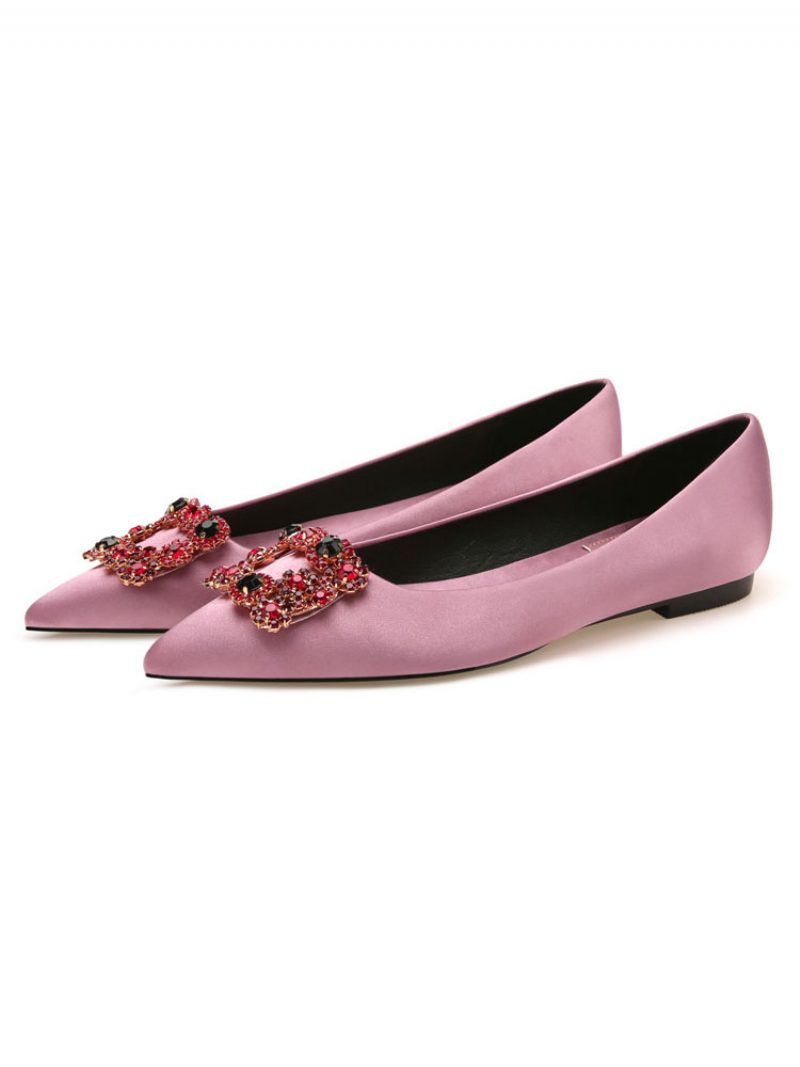 Damen-abendschuhe Schwarzer Satin Spitze Zehenpartie Metalldetails Strass-abend-flats Party-schuhe - Rosa