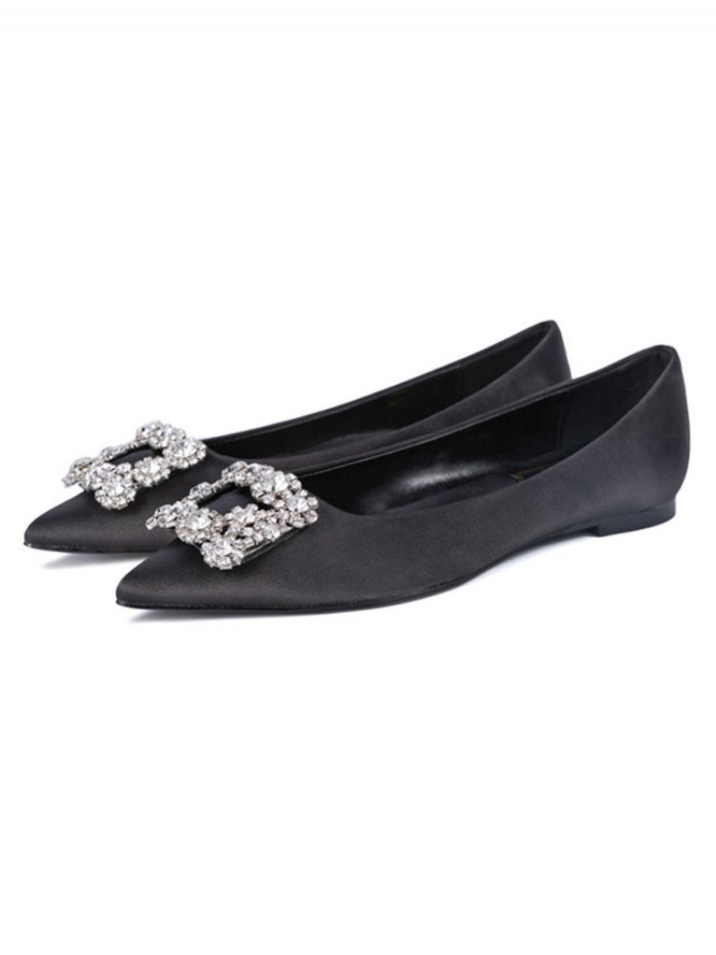 Damen-abendschuhe Schwarzer Satin Spitze Zehenpartie Metalldetails Strass-abend-flats Party-schuhe - Schwarz