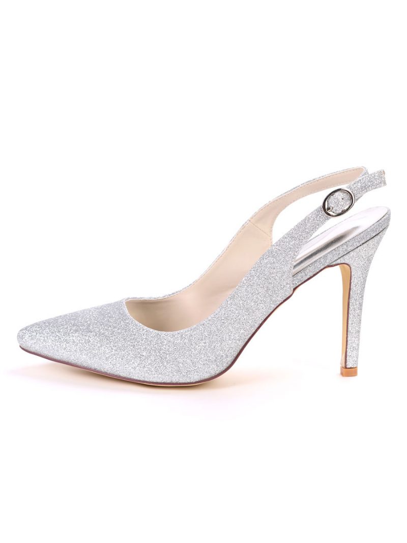 Damen-ballpumps Mit Glitzerndem Slingback Und Absatz - Silber