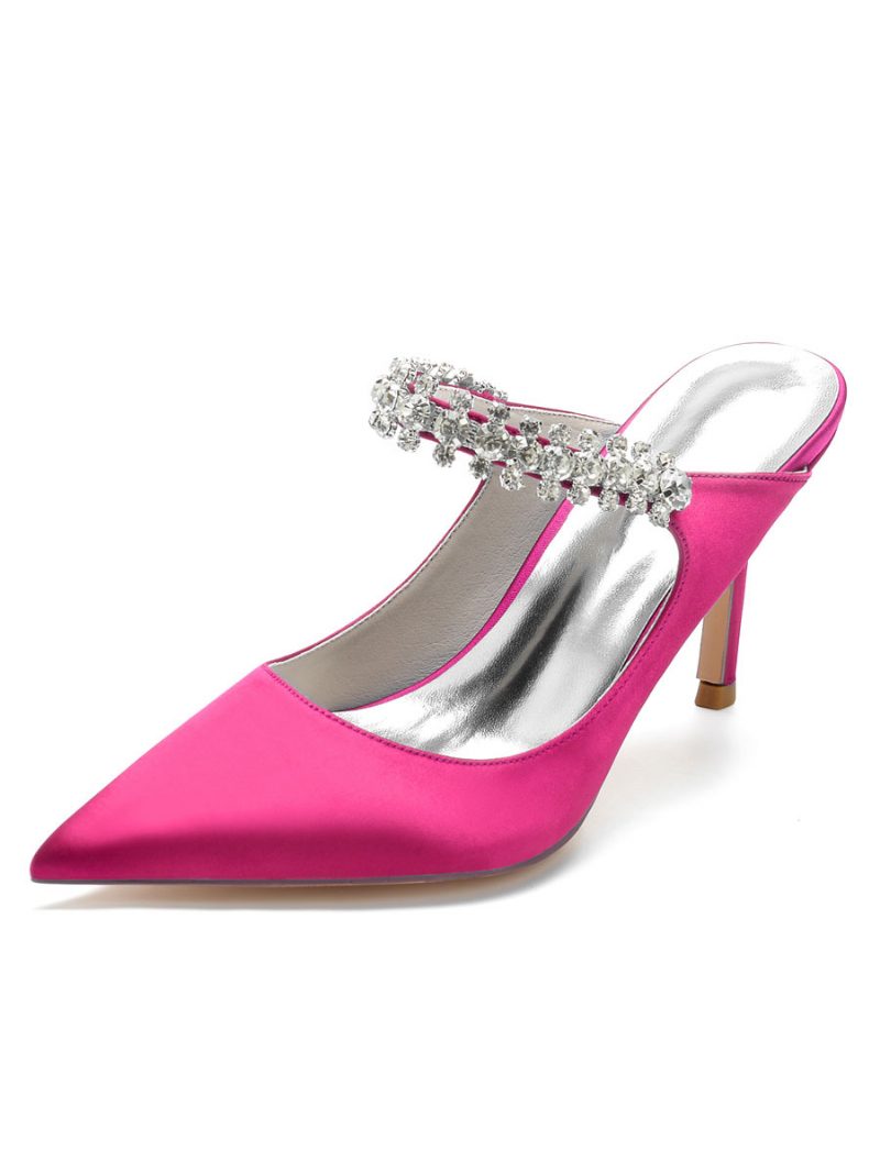 Damen-brautpantoletten Mit Strasssteinen Spitzer Zehenbereich Stiletto-absatz Aus Satin - Rose