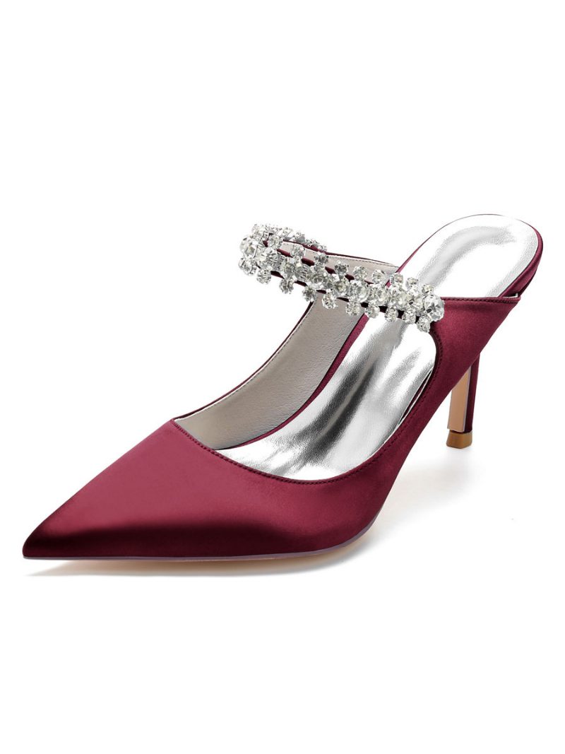 Damen-brautpantoletten Mit Strasssteinen Spitzer Zehenbereich Stiletto-absatz Aus Satin - Burgund