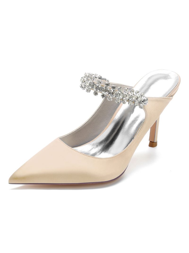 Damen-brautpantoletten Mit Strasssteinen Spitzer Zehenbereich Stiletto-absatz Aus Satin - Champagner