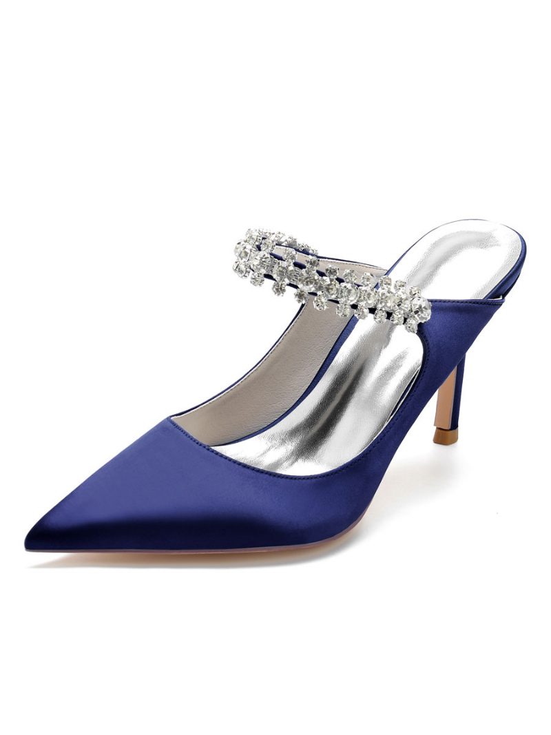 Damen-brautpantoletten Mit Strasssteinen Spitzer Zehenbereich Stiletto-absatz Aus Satin - Tiefblau