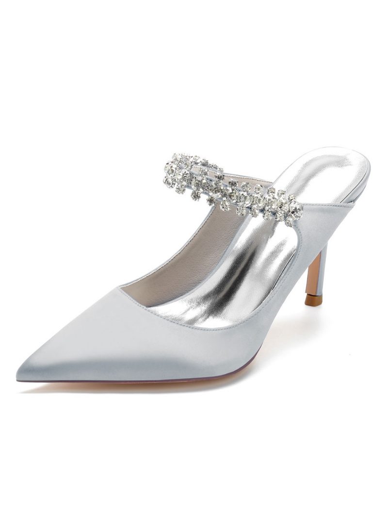 Damen-brautpantoletten Mit Strasssteinen Spitzer Zehenbereich Stiletto-absatz Aus Satin - Silber