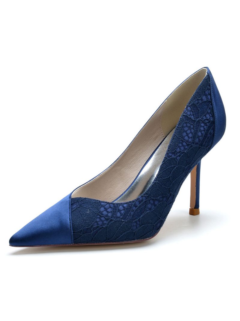 Damen-brautpumps Aus Spitze Mit Spitzer Zehenpartie Und Stiletto-absatz - Tiefblau