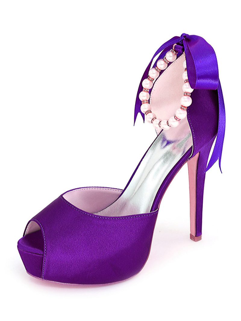 Damen-brautpumps Mit Perlen-schnürung Und Peep-toe-absatz - Tiefviolett