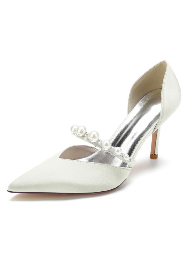 Damen-brautpumps Mit Perlen-stiletto-absatz Aus Satin - Elfenbein