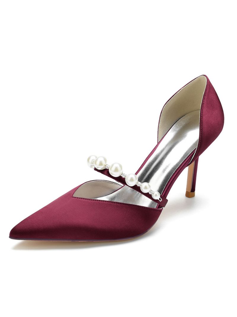 Damen-brautpumps Mit Perlen-stiletto-absatz Aus Satin - Burgund