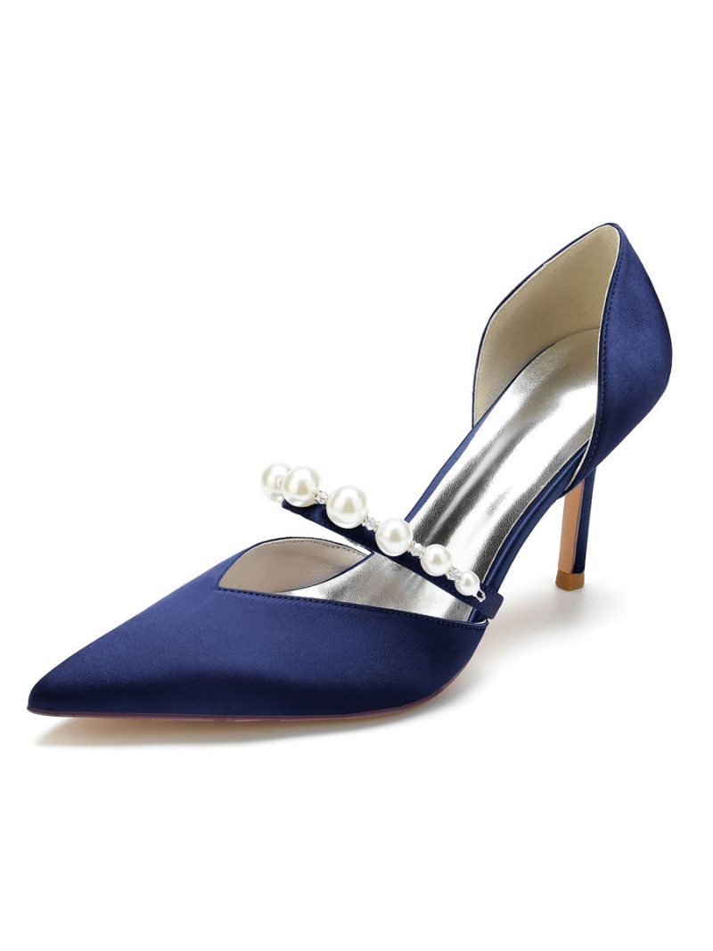 Damen-brautpumps Mit Perlen-stiletto-absatz Aus Satin - Tiefblau