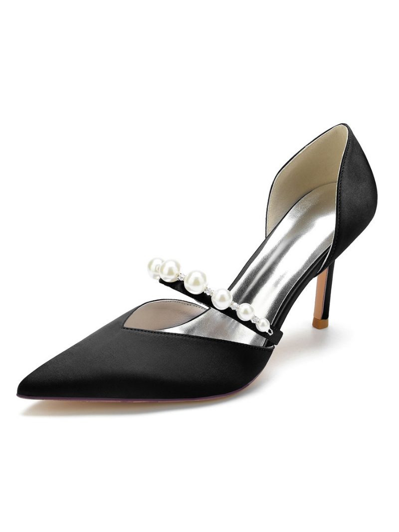 Damen-brautpumps Mit Perlen-stiletto-absatz Aus Satin - Schwarz