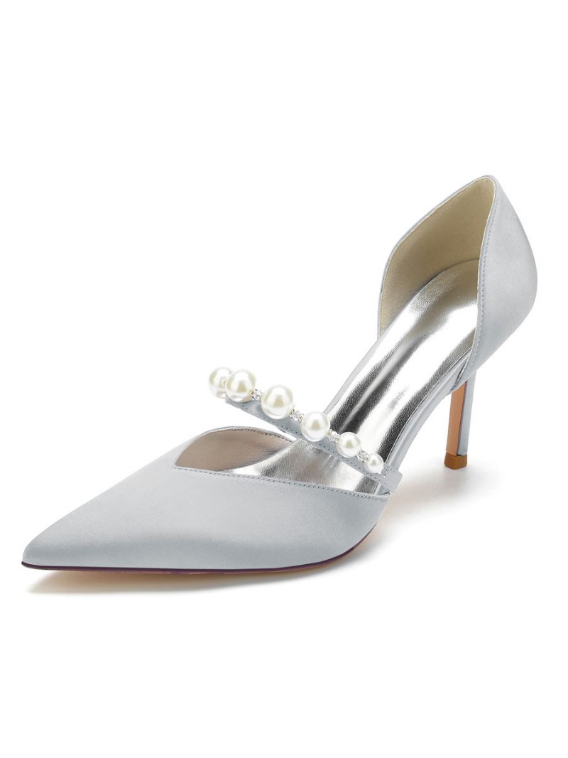 Damen-brautpumps Mit Perlen-stiletto-absatz Aus Satin - Silber