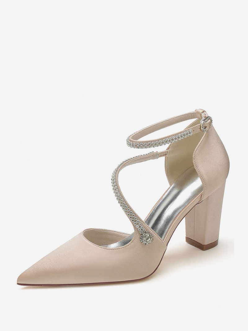 Damen-brautpumps Mit Riemchen Und Klobigem Absatz Aus Satin - Champagner