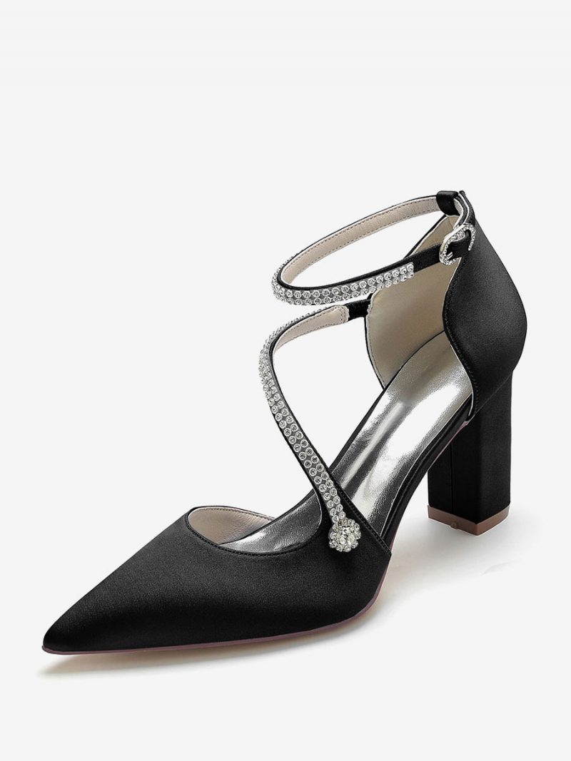 Damen-brautpumps Mit Riemchen Und Klobigem Absatz Aus Satin - Schwarz