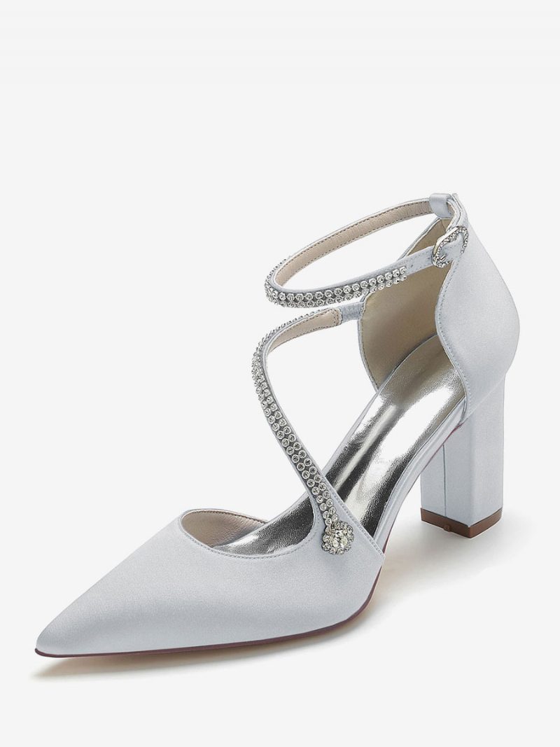 Damen-brautpumps Mit Riemchen Und Klobigem Absatz Aus Satin - Silber