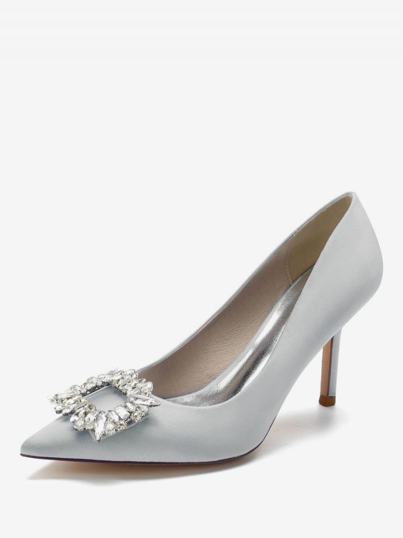 Damen-brautpumps Mit Strass-absatz Aus Satin - Silber