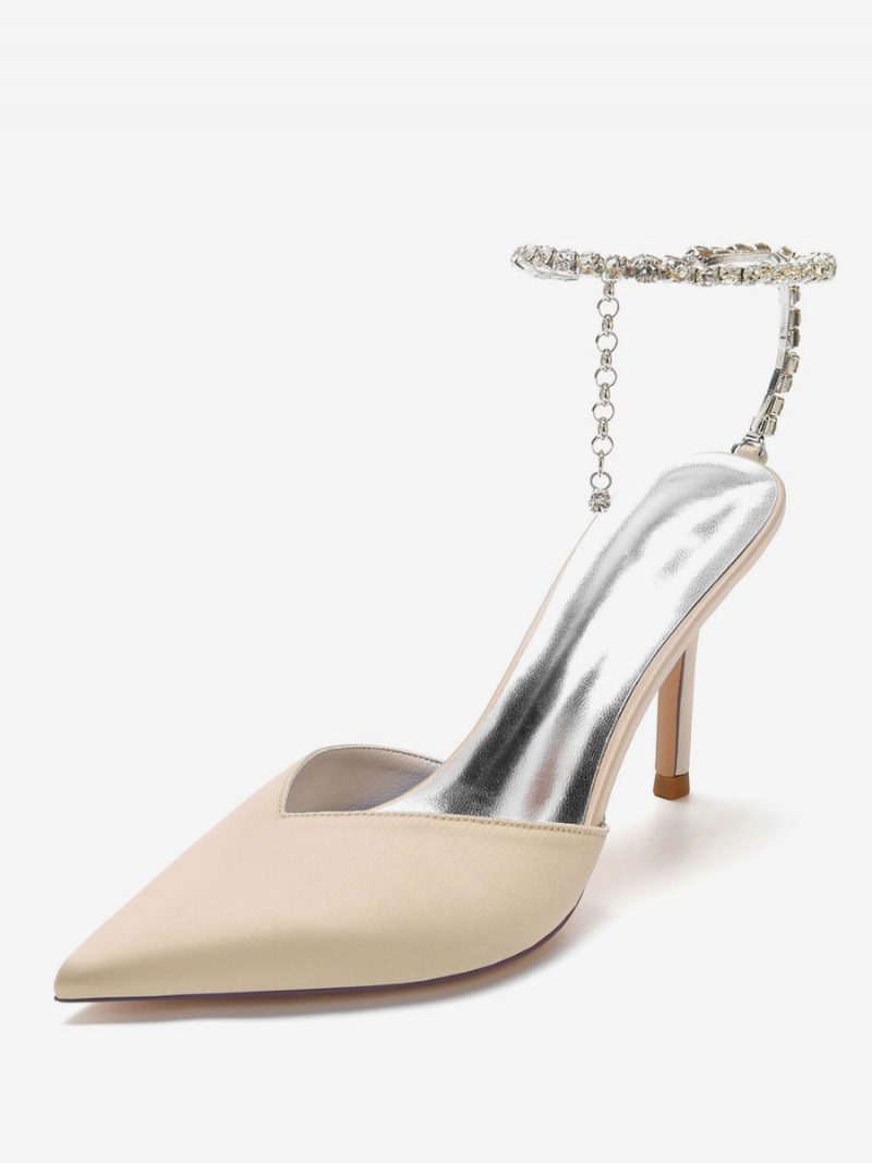 Damen-brautpumps Mit Strasssteinen Und Knöchelriemen Stilettoabsatz Aus Satin - Champagner