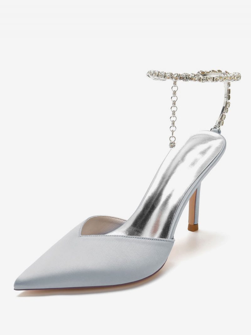 Damen-brautpumps Mit Strasssteinen Und Knöchelriemen Stilettoabsatz Aus Satin - Silber