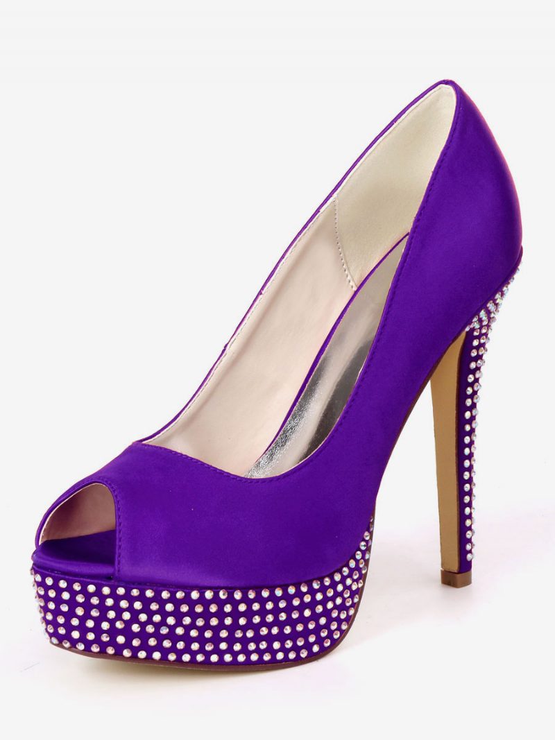 Damen-brautpumps Mit Strasssteinen Und Plateausohle Peep-toe - Tiefviolett