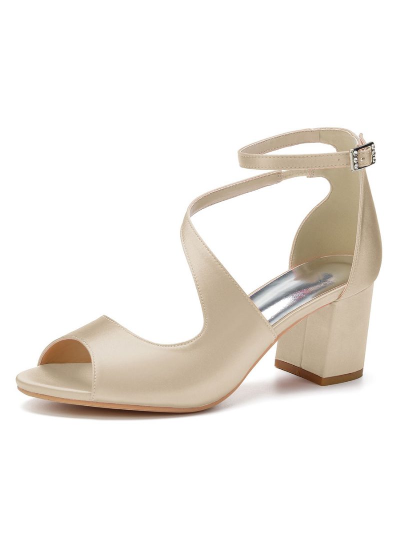 Damen-brautsandalen Aus Satin Mit Niedrigem Absatz - Champagner