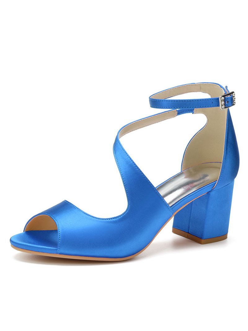 Damen-brautsandalen Aus Satin Mit Niedrigem Absatz - Blau