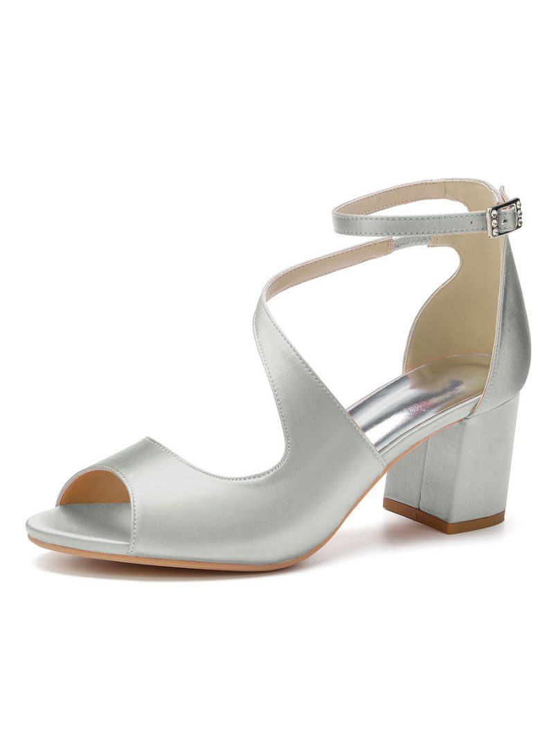 Damen-brautsandalen Aus Satin Mit Niedrigem Absatz - Silber