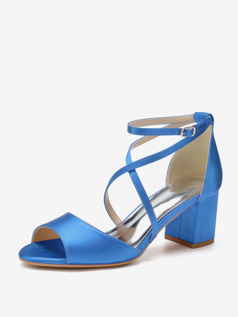 Damen-brautsandalen Aus Satin Mit Überkreuztem Absatz Und Niedrigem - Blau