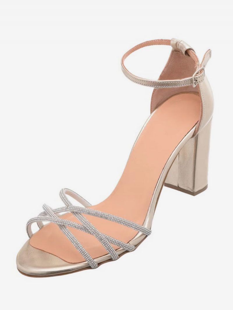 Damen-brautsandalen Hellgoldenes Pu-leder Einfache Offene Zehenpartie Strasssteine Hochzeitssandalen - Hellgold