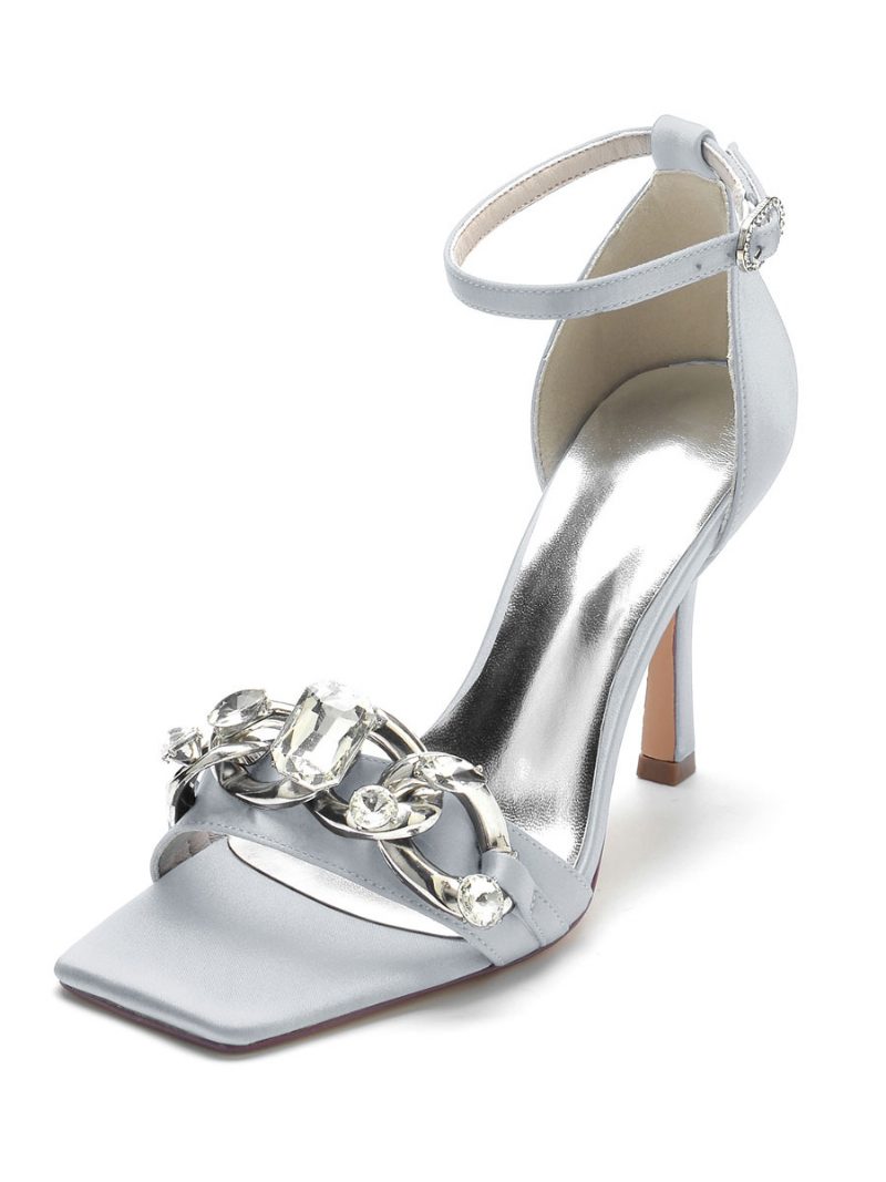 Damen-brautsandalen Mit Ketten-knöchelriemen Und Stiletto-absatz - Silber