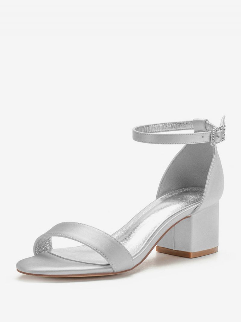 Damen-brautsandalen Mit Knöchelriemen Und Niedrigem Blockabsatz Aus Satin - Silber