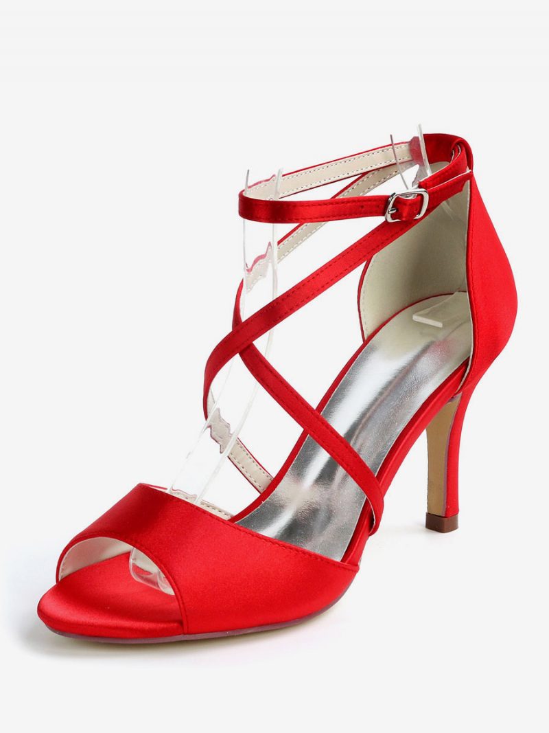 Damen-brautsandalen Mit Riemchen Und Niedrigem Absatz Aus Satin - Rot