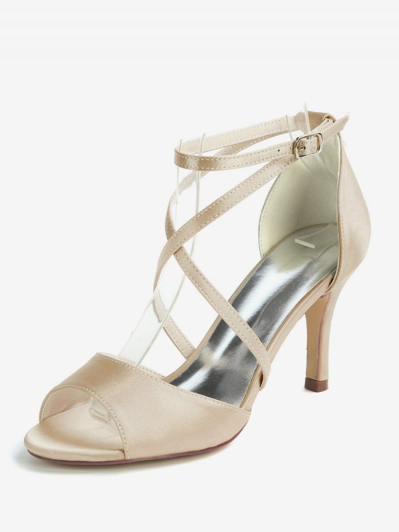 Damen-brautsandalen Mit Riemchen Und Niedrigem Absatz Aus Satin - Champagner