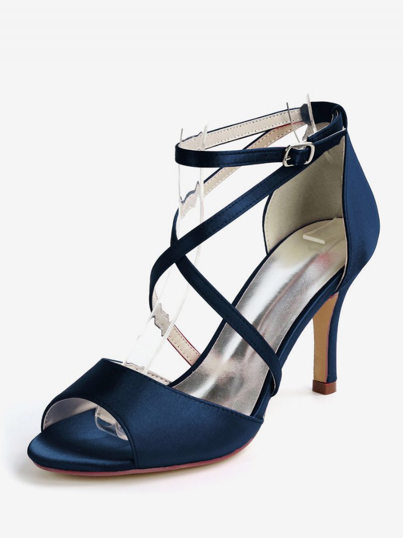 Damen-brautsandalen Mit Riemchen Und Niedrigem Absatz Aus Satin - Tiefblau