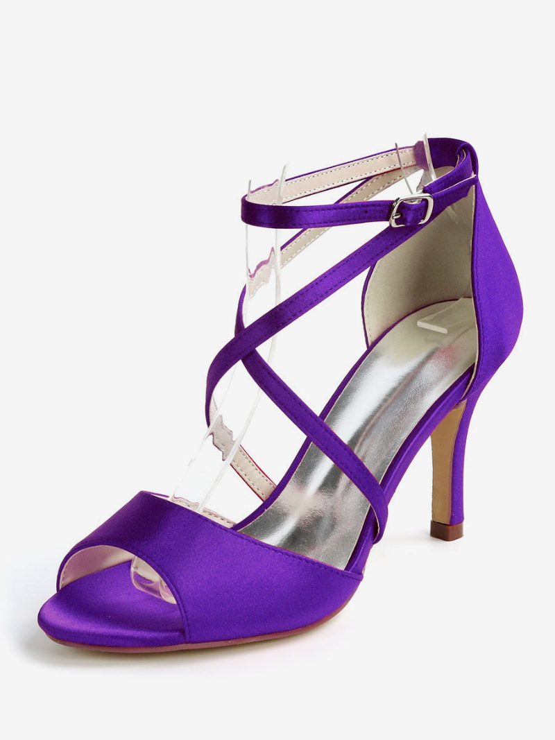 Damen-brautsandalen Mit Riemchen Und Niedrigem Absatz Aus Satin - Tiefviolett