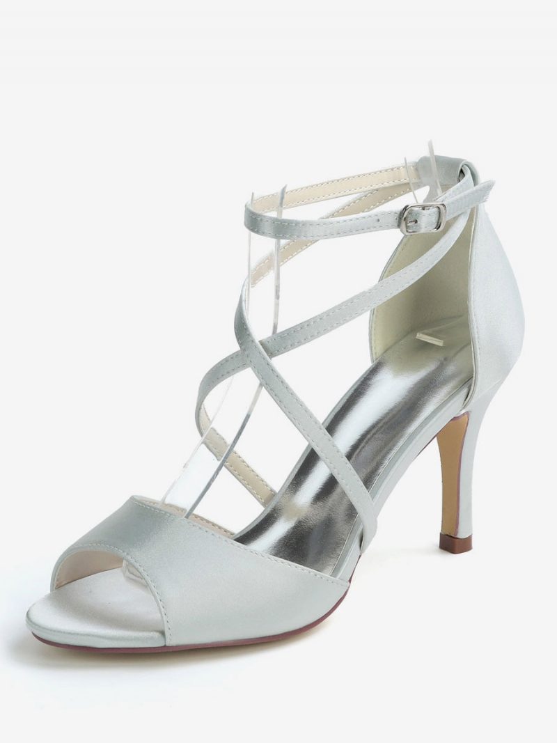 Damen-brautsandalen Mit Riemchen Und Niedrigem Absatz Aus Satin - Silber