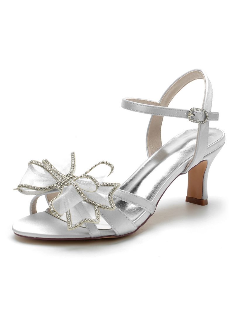 Damen-brautsandalen Mit Satinschleife Und Klobigem Absatz - Silber