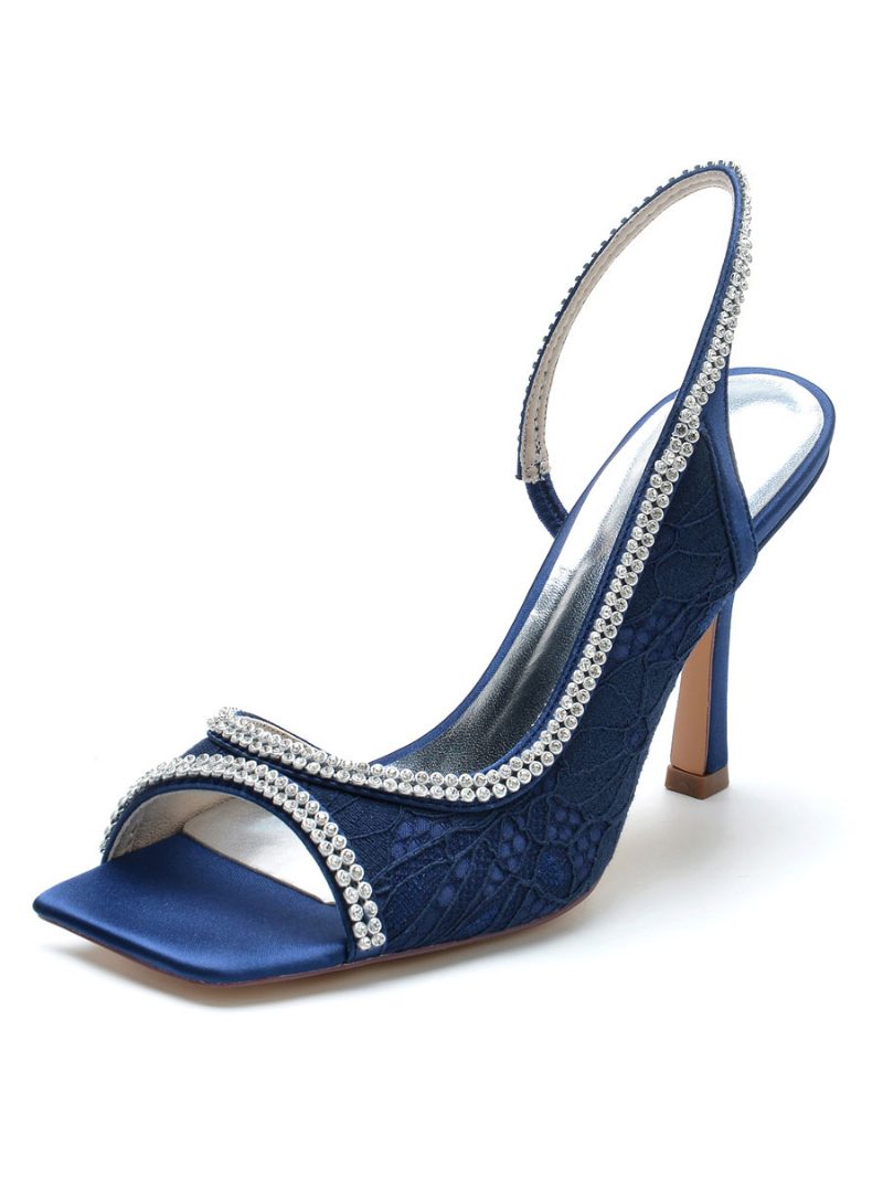 Damen-brautsandalen Mit Strasssteinen Spitze Slingback-stiletto-absatz - Tiefblau