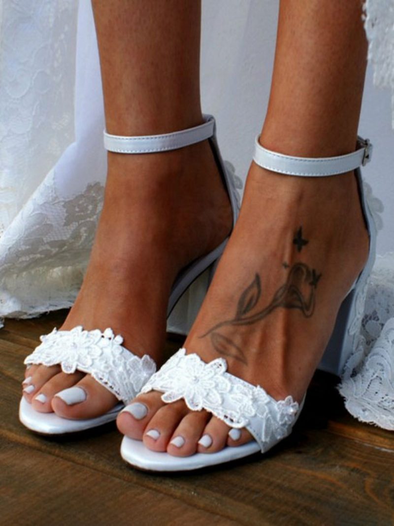 Damen-brautsandalen Weißes Pu-leder Schicke Bestickte Hochzeitssandalen Mit Offenem Zehenbereich