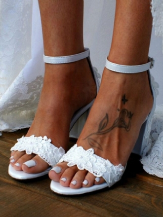 Damen-brautsandalen Weißes Pu-leder Schicke Bestickte Hochzeitssandalen Mit Offenem Zehenbereich