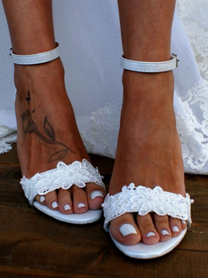 Damen-brautsandalen Weißes Pu-leder Schicke Bestickte Hochzeitssandalen Mit Offenem Zehenbereich - Weiß