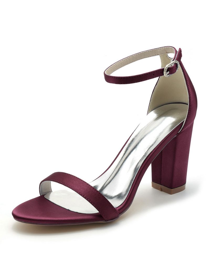 Damen-brautschuhe Aus Satin Mit Offenem Zehenbereich Und Klobigem Absatz - Burgund