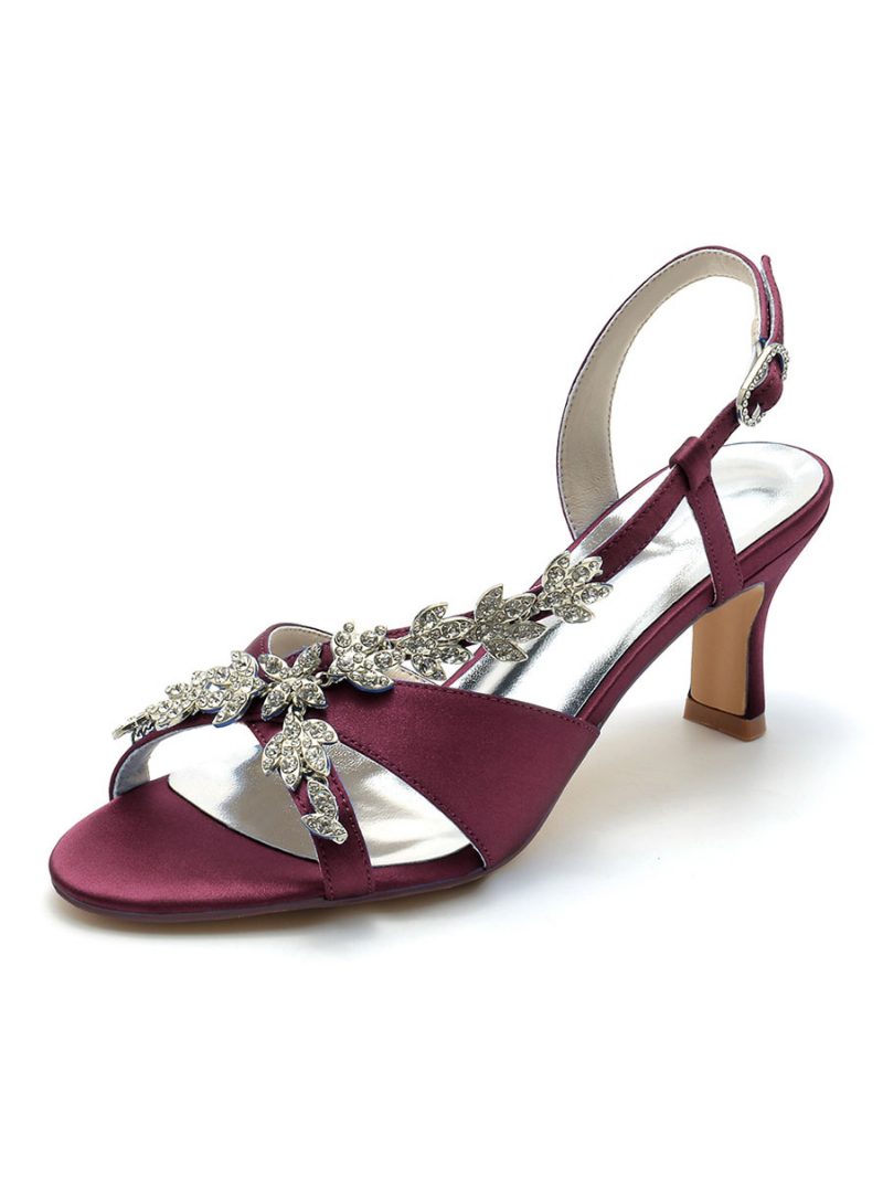 Damen-brautschuhe Aus Satin Strasssteine Offene Zehenpartie Kitten-heel-hochzeitsschuhe - Burgund